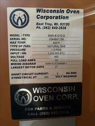 Used 96"W x 120"H x 144"L, Wisconsin Walk-In Oven SWH-81210-G, 500°F, Gas Fired w/Carts