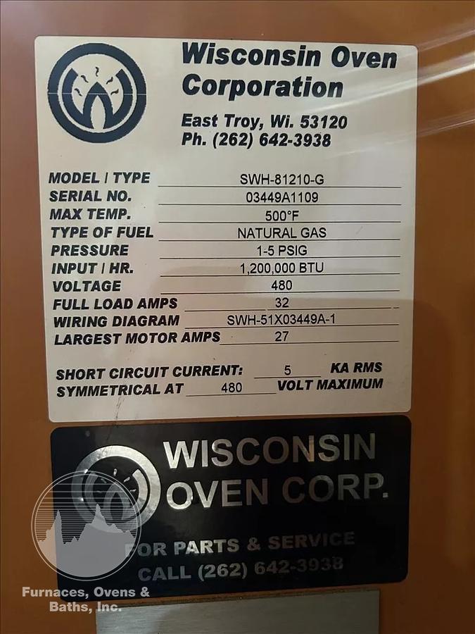 Used 96"W x 120"H x 144"L, Wisconsin Walk-In Oven SWH-81210-G, 500°F, Gas Fired w/Carts