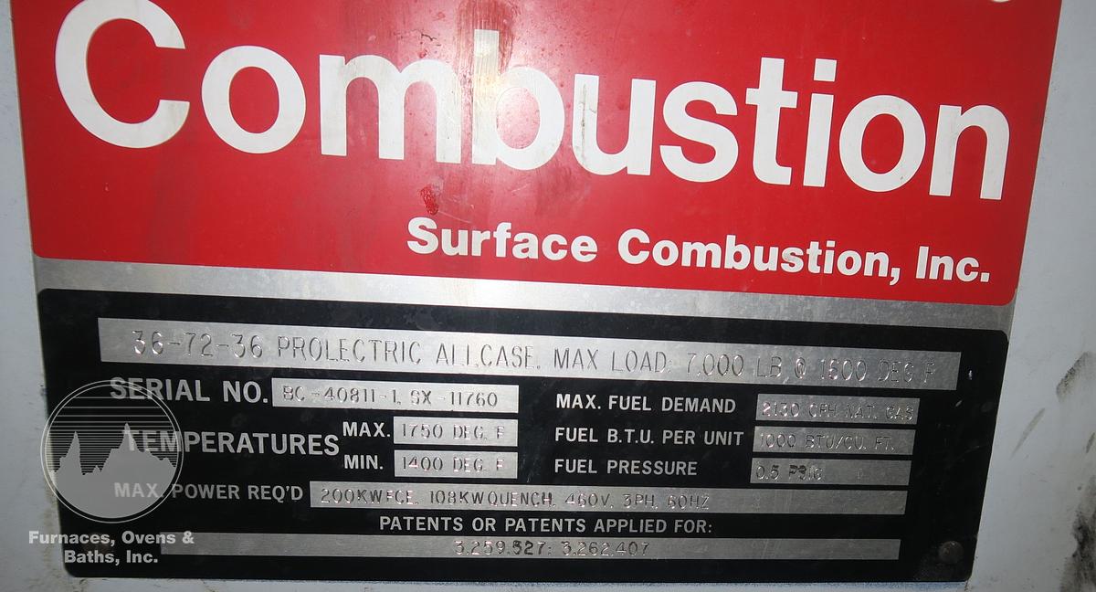 Used Surface Combustion Super Allcase Integral Quench Furnace, 36"W x 36"H x 72"L, Pro Electric, 1750°F