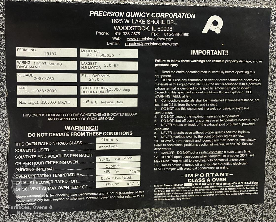 Used 50"W x 50"H x 50"L, Precision Quincy, 850°F, Class A Solvent Rated Cabinet Oven, Gas Fired