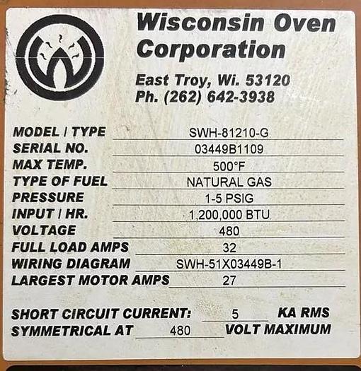 Used 96"W x 120"H x 144"L, Wisconsin Walk-In Oven SWH-81210-G, 500°F, Gas Fired w/Carts