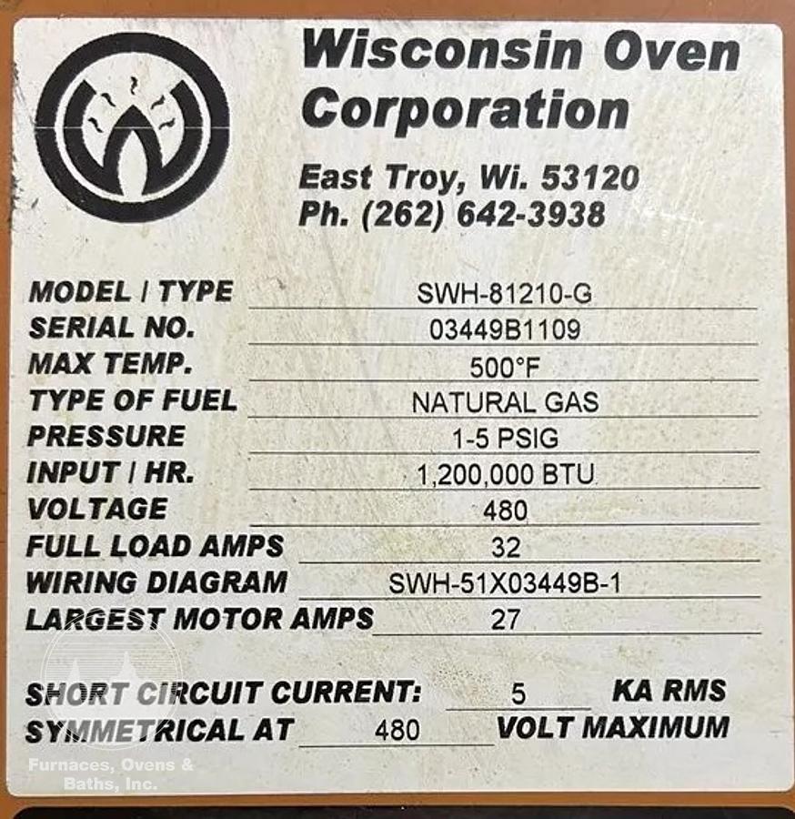 Used 96"W x 120"H x 144"L, Wisconsin Walk-In Oven SWH-81210-G, 500°F, Gas Fired w/Carts