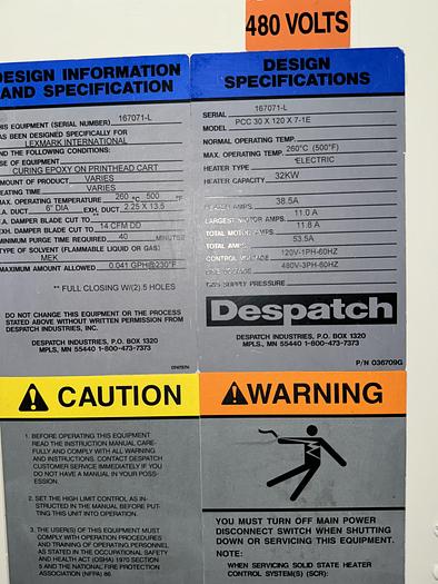 Used 30"W x 6"H x 10'L Despatch Conveyor Oven, Electric, 500°F