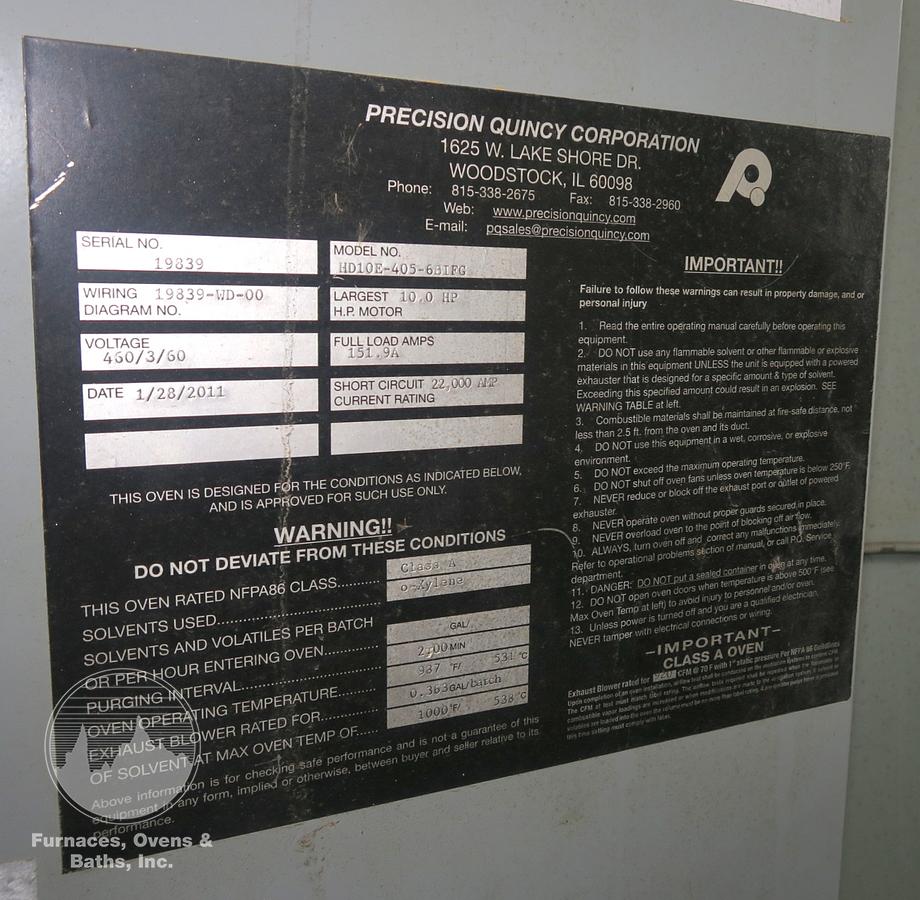 Used 52"W x 75"H x 60"L, Precision Quincy, Electric Walk-In Oven, 1000°F, Solvent Rated Stainless Steel Interior, Class A