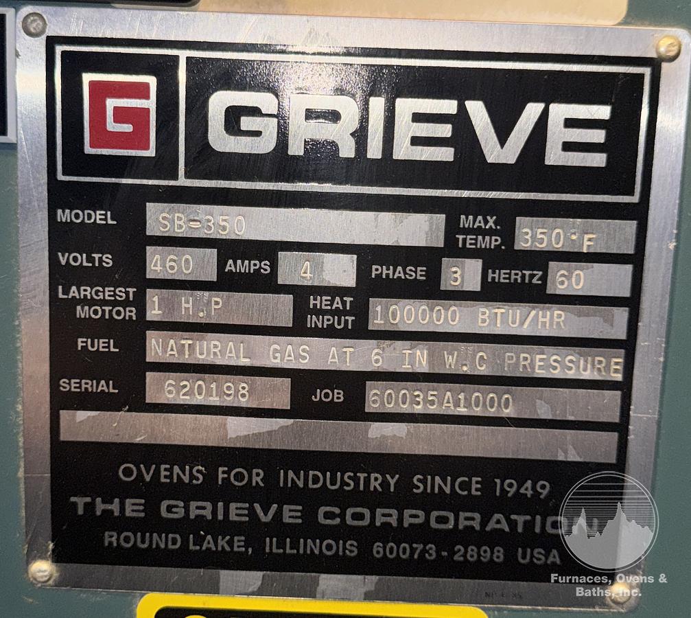 Used 56"W x 60"H x 32”L, Grieve SB-350 Cabinet Oven, 350-F, Gas Fired, Class A, Solvent Rated, Stainless Steel Interior
