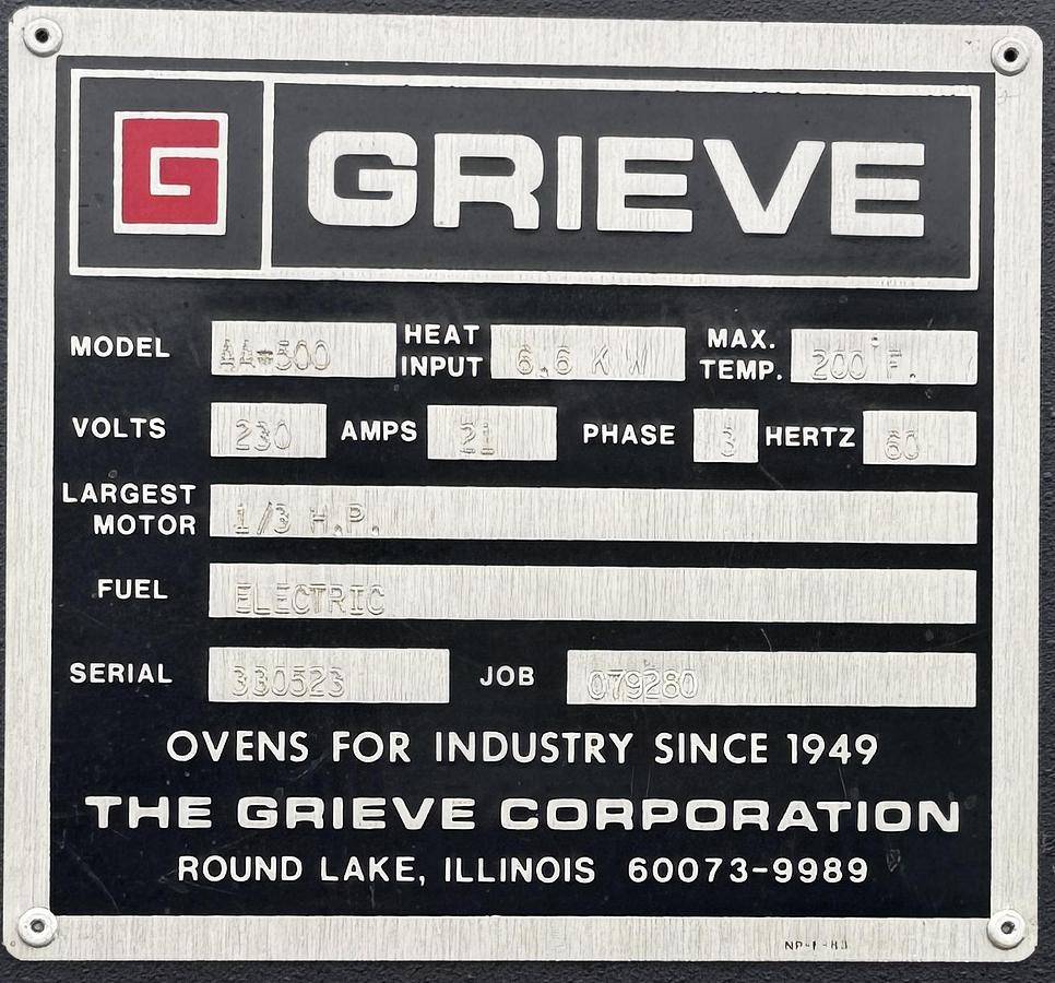 Used 24"W x 24"H x 24"Dp, Grieve AA-500 Solvent Rated Cabinet Oven, 500-F
