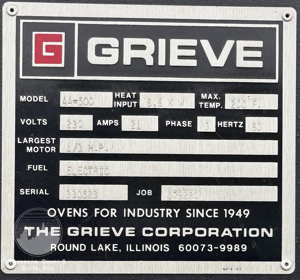Used 24"W x 24"H x 24"Dp, Grieve AA-500 Solvent Rated Cabinet Oven, 500-F