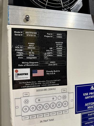 Used Radyne 450TFN10H, 450 kW, 10 kHz Induction Heating Power Supply