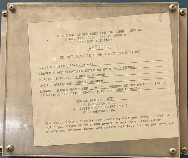 Used 48"W x 72"H x 48"L, Gruenberg, Electric Walk-In Oven, 450°F, Solvent Rated, Stainless Steel Interior