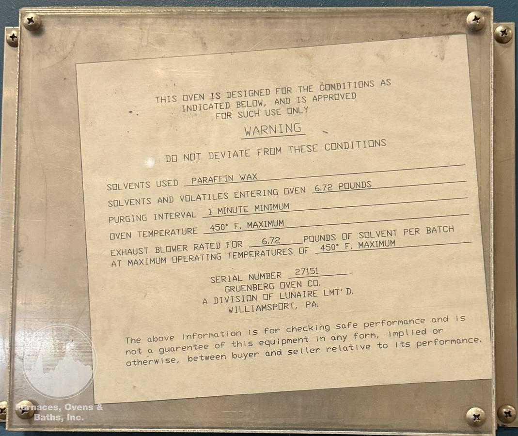 Used 48"W x 72"H x 48"L, Gruenberg, Electric Walk-In Oven, 450°F, Solvent Rated, Stainless Steel Interior