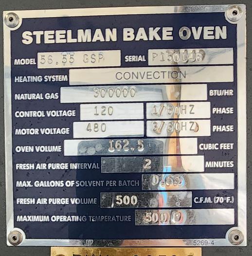 Used 60"W x 84"H x 60"L, Steelman, 500°F, Gas Fired, Class A, Solvent Rated, LIKE NEW