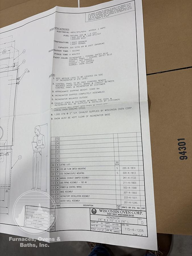 Used Wisconsin Oven Corporation Incinerator