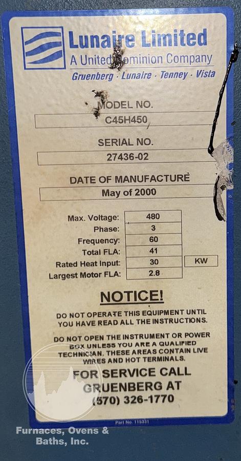 Used 36"W x 60"H x 36"L, Gruenberg C45H450, Electric Cabinet Oven, 450°F