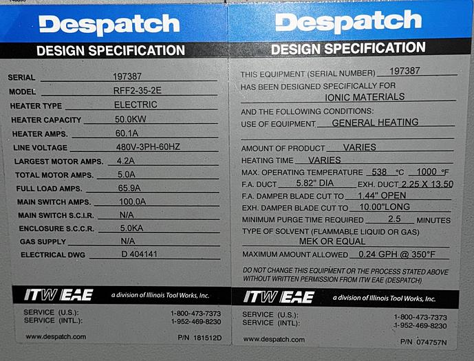 Used 48"W x 42"H x 30”L, Despatch Industries RFF2-35-2E Cabinet Oven, 1000-F, Electric, Class A