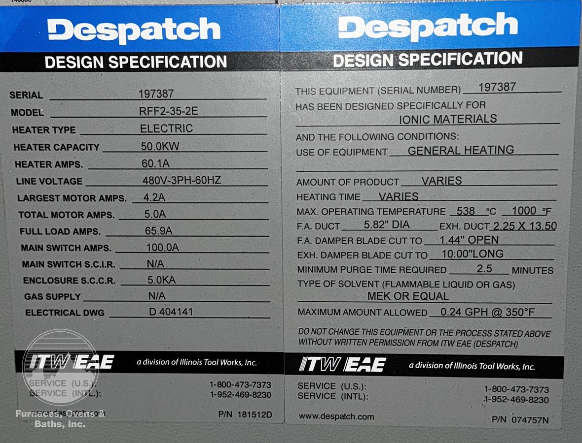 Used 48"W x 42"H x 30”L, Despatch Industries RFF2-35-2E Cabinet Oven, 1000-F, Electric, Class A