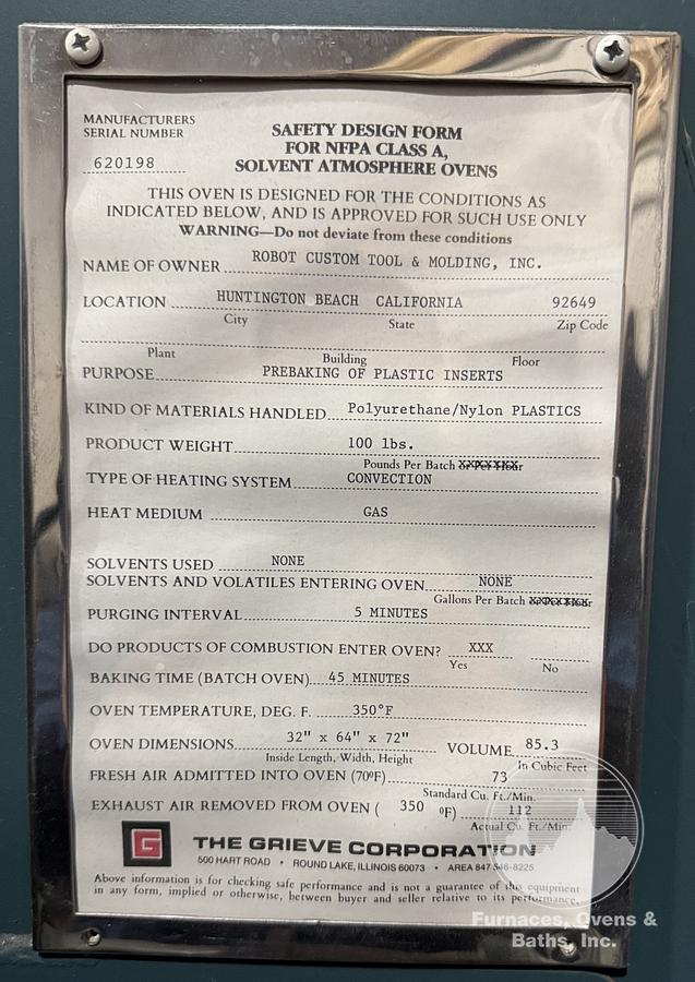 Used 56"W x 60"H x 32”L, Grieve SB-350 Cabinet Oven, 350-F, Gas Fired, Class A, Solvent Rated, Stainless Steel Interior