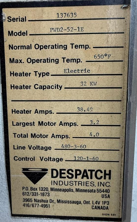 Used 38"W x 63"H x 38"L, Despatch Industries PWD2-52-1E, 650-F, Electric, Solvent Rated Walk-In Oven