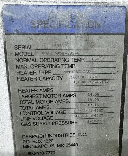 Used 72"W x 78"H x 120"L, Despatch PSD3-38S-G Walk-In Oven, 650°F, Gas Fired, Solvent Rated