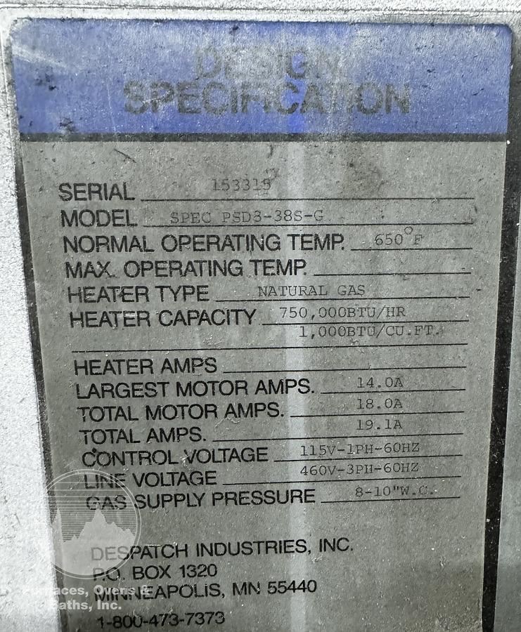 Used 72"W x 78"H x 120"L, Despatch PSD3-38S-G Walk-In Oven, 650°F, Gas Fired, Solvent Rated