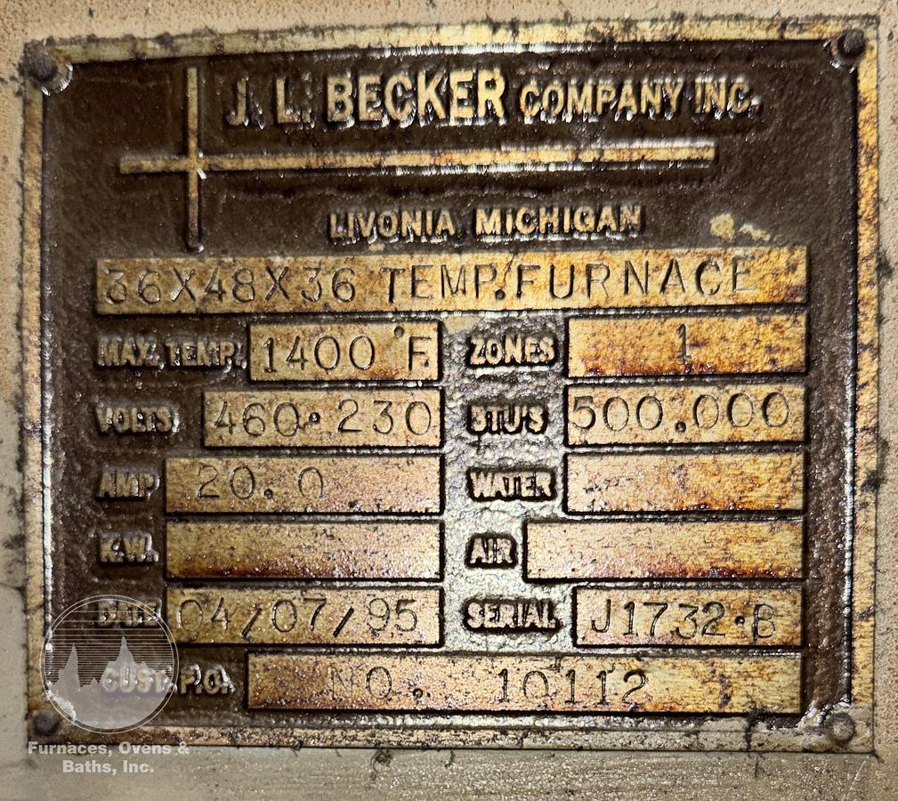 Used 36"W x 36"H x 48"L, J.L. Becker, 1400°F, Gas Fired, Fiber Lined, AMS 2750H
