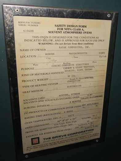 Used 72"W x 54"H x 30"L Grieve Modified SA-550, Electric, Solvent Rated, Class A