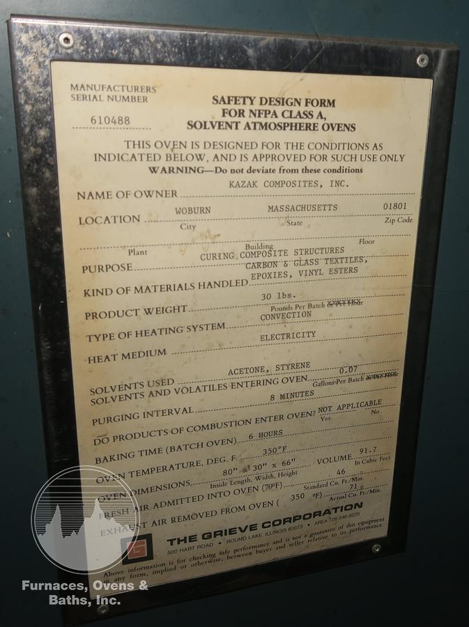 Used 72"W x 54"H x 30"L Grieve Modified SA-550, Electric, Solvent Rated, Class A