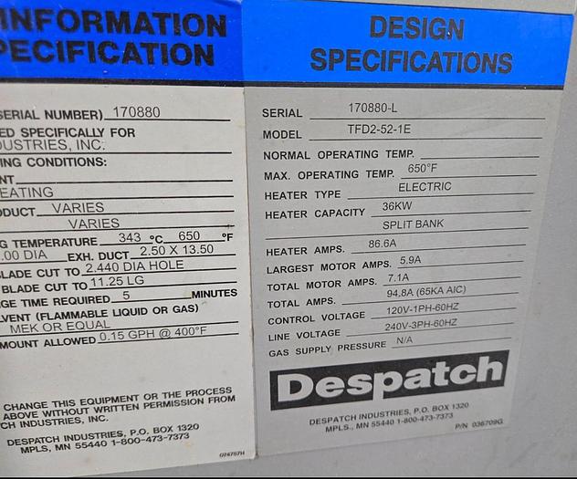 Used 38"W x 63"H x 38”L, Despatch Industries TFD2-52-1E Truck Oven, 650-F, Electric, Class A