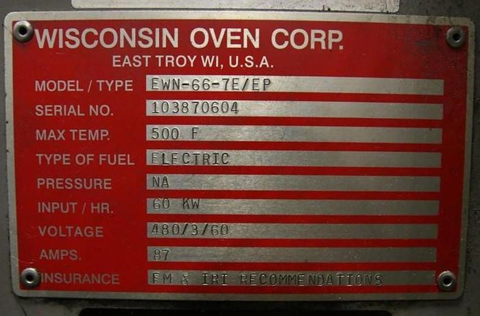 Used 72"W x 84"H x 72"L, Wisconsin Oven, Electric Walk-In Oven, 500°F