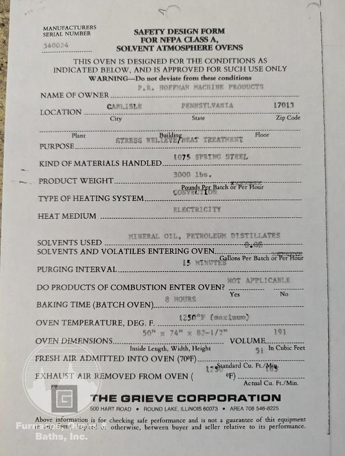 Used 50"W x 50"H x 50"L, Grieve HC-1250, Electric, Solvent Rated