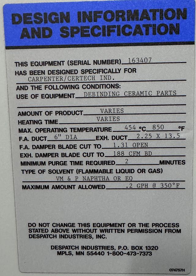 Used 48"W x 42"H x 30”L, Despatch Industries VRE2-35-1G Cabinet Oven, 850-F, Gas Fired, Class A