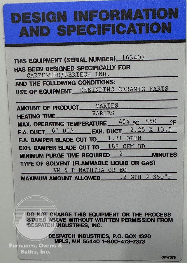 Used 48"W x 42"H x 30”L, Despatch Industries VRE2-35-1G Cabinet Oven, 850-F, Gas Fired, Class A