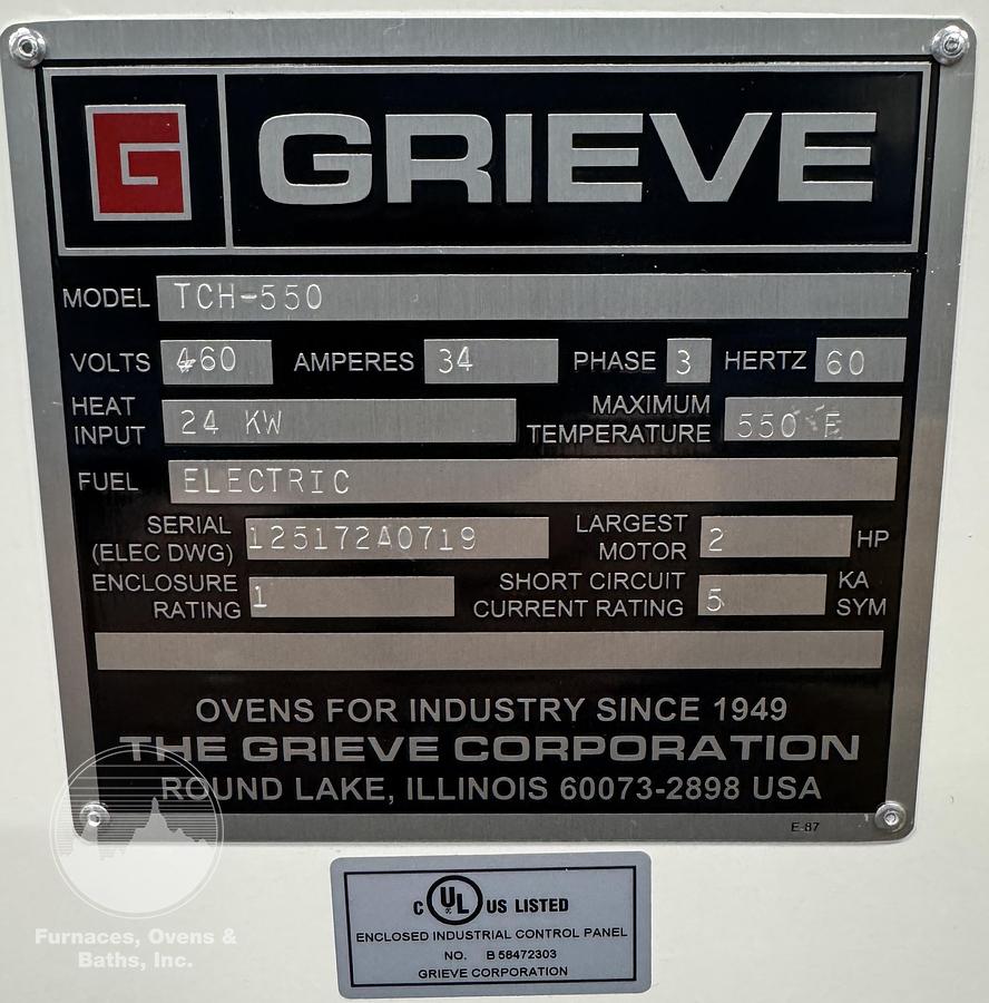 Used 60”W x 60”H x 60”L, Grieve TCH-550 Truck Oven, 550-F, Electric, LIKE NEW