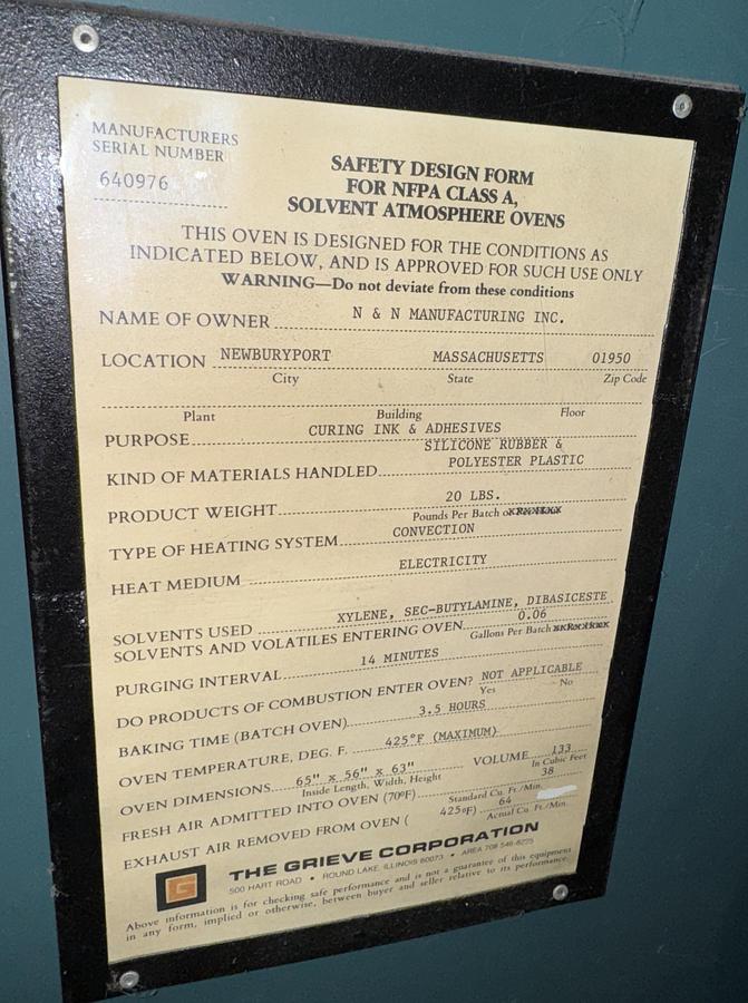 Used 48"W x 60"H x 48"L, Grieve TBH-500, Electric, 500-F, Solvent Rated