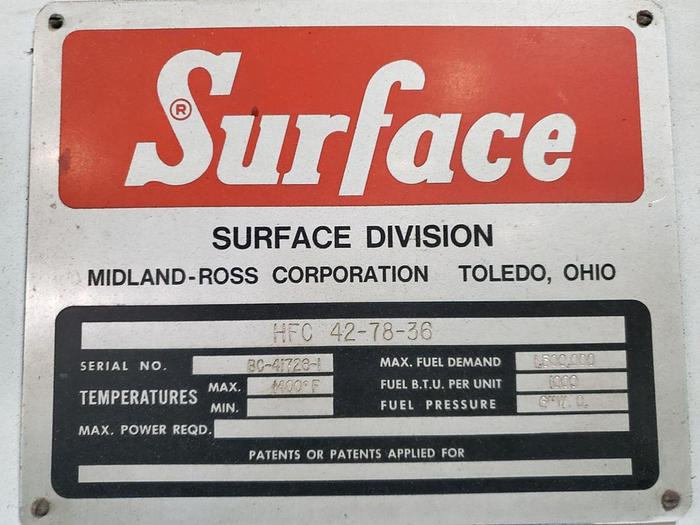 Used Surface Combustion Box Temper 36"W x 36"H x 72"L, Gas Fired, 1400°F.