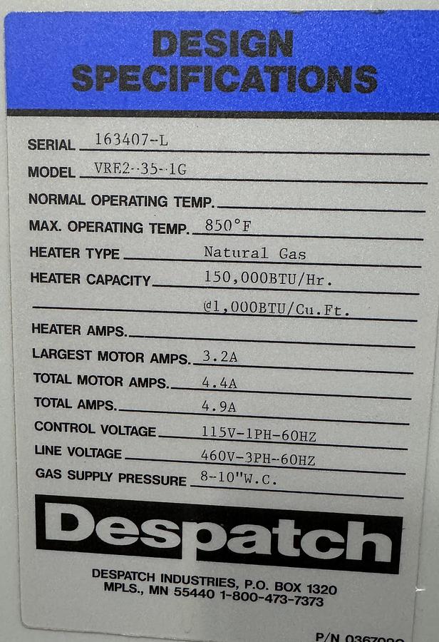 Used 48"W x 42"H x 30”L, Despatch Industries VRE2-35-1G Cabinet Oven, 850-F, Gas Fired, Class A