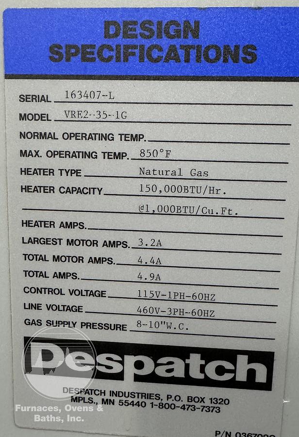 Used 48"W x 42"H x 30”L, Despatch Industries VRE2-35-1G Cabinet Oven, 850-F, Gas Fired, Class A