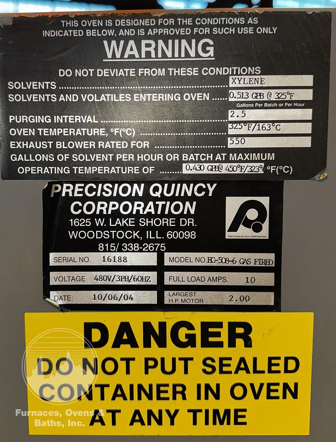 Used 60"W x 72"H x 96"L, Precision Quincy, Gas Fired Walk-In Oven, 500°F, Solvent Rated , Class A