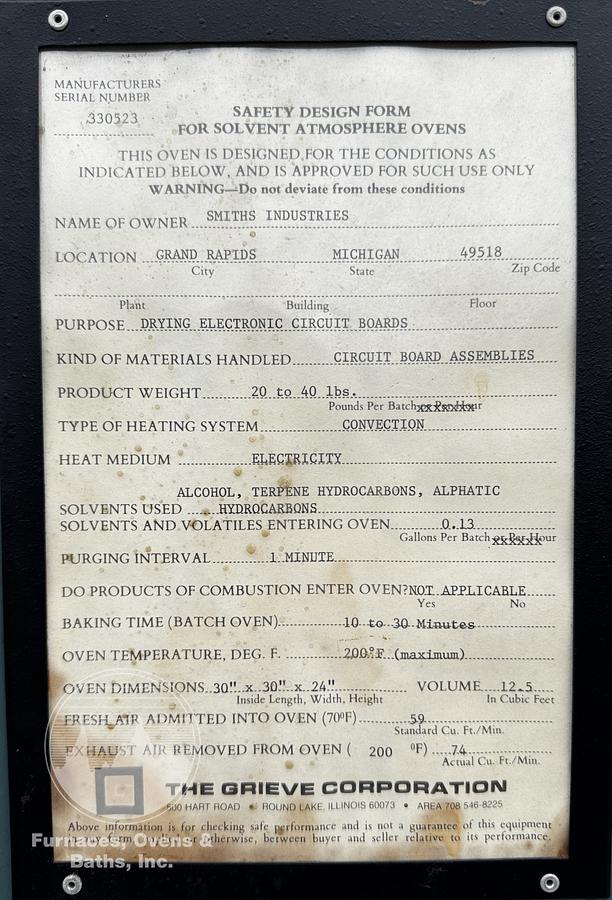 Used 24"W x 24"H x 24"Dp, Grieve AA-500 Solvent Rated Cabinet Oven, 500-F