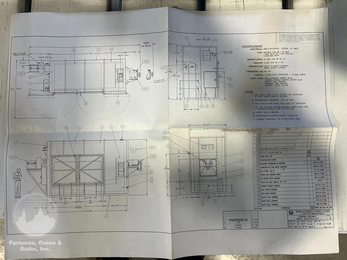 Used 120"W x 65"H x 65"L, Wisconsin Batch Oven, 1000°F, Gas Fired, EXCELLENT CONDITION