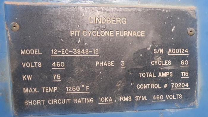 Used 38" Diameter x 48" Deep Lindberg 12-EC-3848-12 Pit Cyclone Pit Furnace, 1250°F, Electric