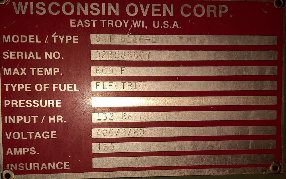 Used 72"W x 72"H x 132"L (11'), Wisconsin Walk-In Oven SWT-6116-E, 600°F, Electric, Powered Exhaust