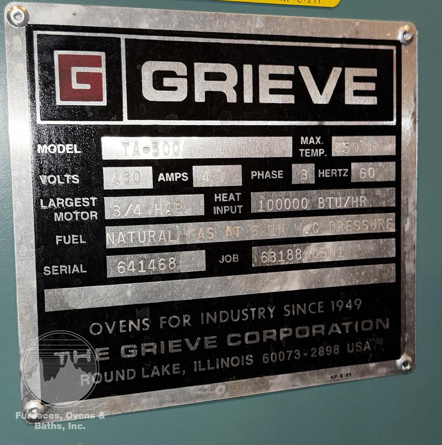 Used 36"W x 60"H x 36"L Grieve TA-500, 500°F, Gas Fired, Class A