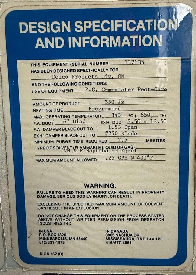 Used 38"W x 63"H x 38"L, Despatch Industries PWD2-52-1E, 650-F, Electric, Solvent Rated Walk-In Oven