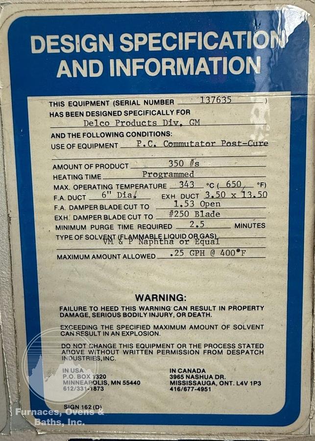 Used 38"W x 63"H x 38"L, Despatch Industries PWD2-52-1E, 650-F, Electric, Solvent Rated Walk-In Oven