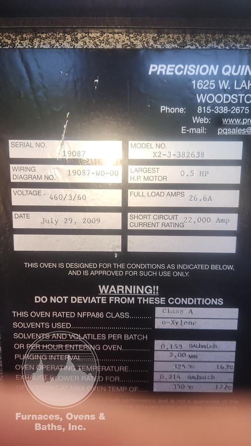 Used 38"W x 38"H x 26"L, Precision Quincy, 350°F, Class A Solvent Rated Cabinet Oven