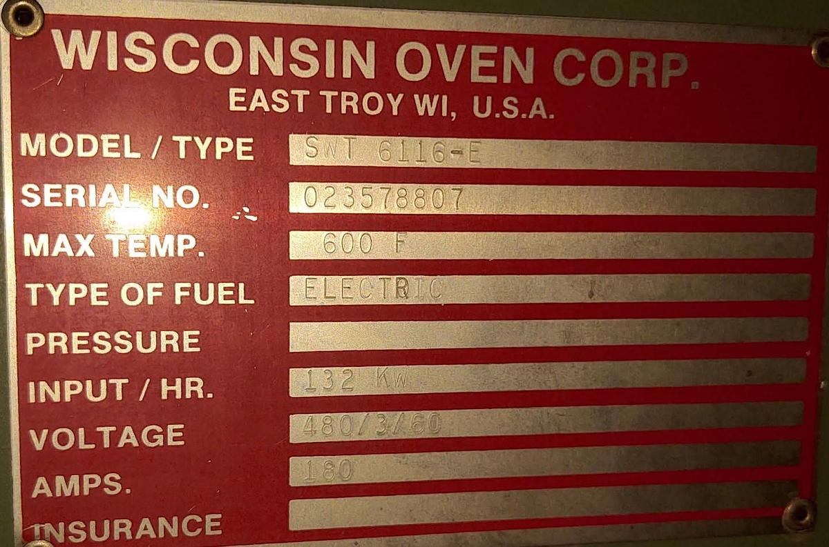 Used 72"W x 72"H x 132"L (11'), Wisconsin Walk-In Oven SWT-6116-E, 600°F, Electric, Powered Exhaust