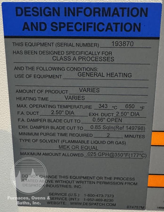 Used 20"W x 20"H x 18”L, Despatch Industries RFD1-42-1E1 Class A Solvent Rated Cabinet Oven, 650°F, Electric, Single Phase
