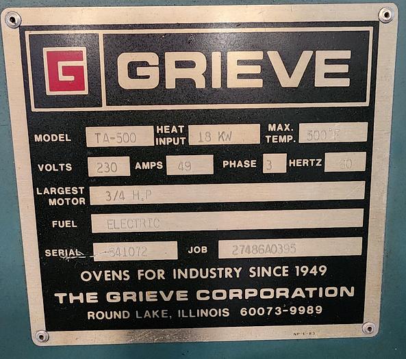 Used 36"W x 60"H x 36"L Grieve TA-500, 500°F, Electric, Stainless Steel Interior