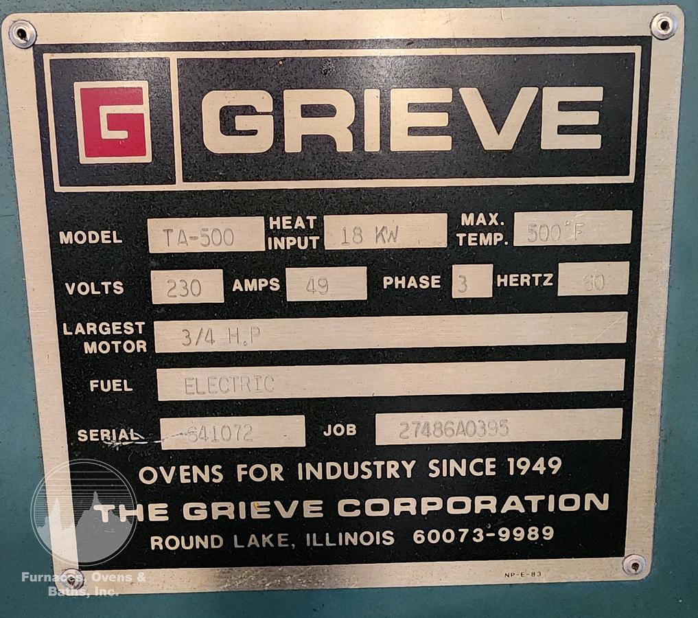Used 36"W x 60"H x 36"L Grieve TA-500, 500°F, Electric, Stainless Steel Interior