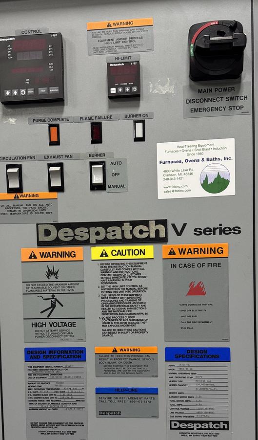 Used 48"W x 42"H x 30”L, Despatch Industries VRE2-35-1G Cabinet Oven, 850-F, Gas Fired, Class A